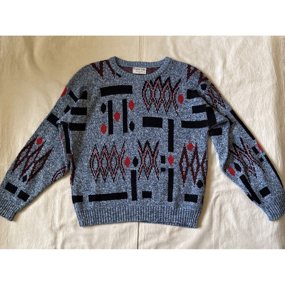 Vtg Grandpa Sweater Poplar Gray Fair Isle Diamond Knit Holiday Christmas  L